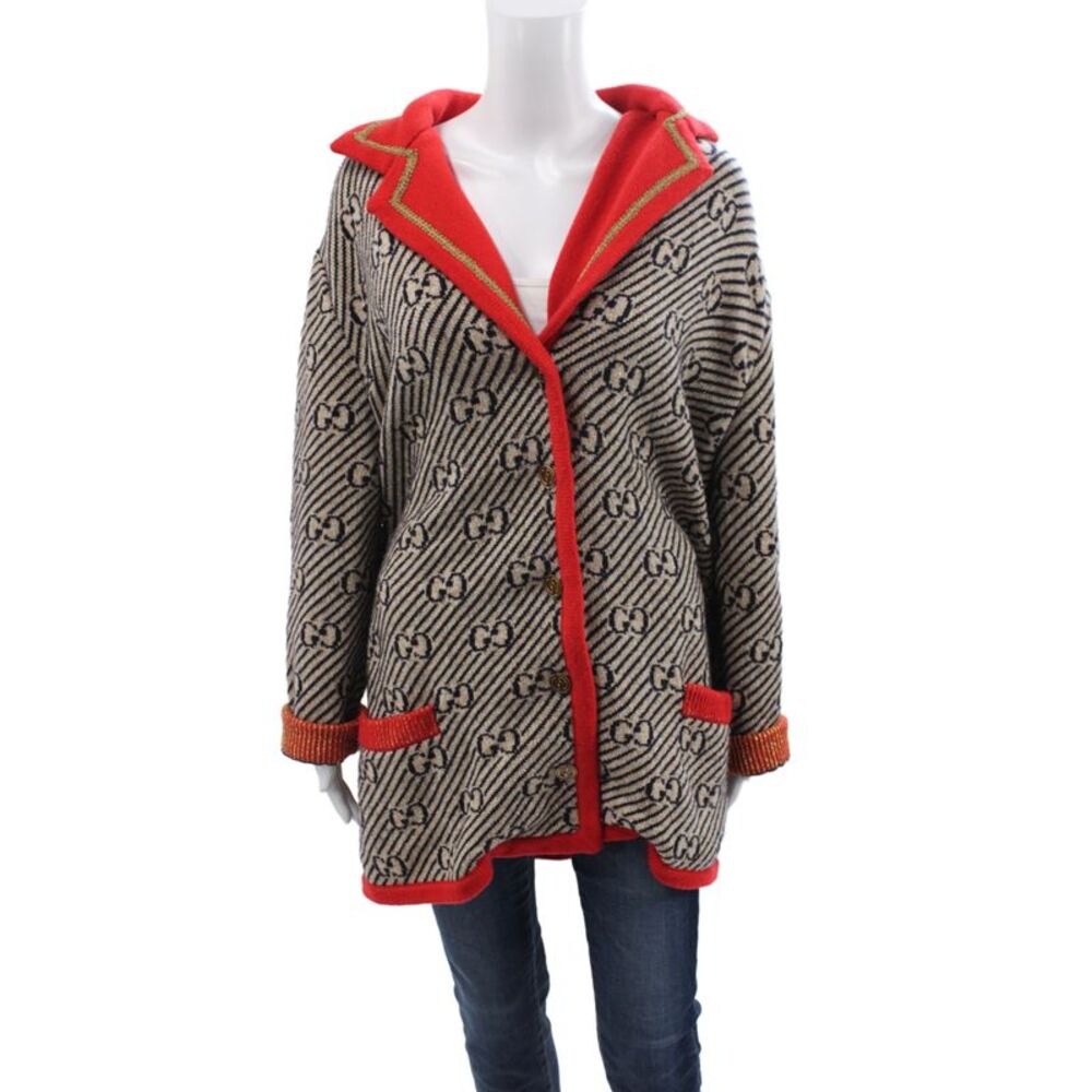 Gucci Womens Beige Knit Geometric Collared Long Sleeve Cardigan Size XL